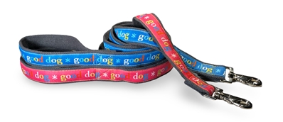 july drop hemp leashes in pink and blue with good dog writing