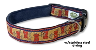 earthdog limited drop hemp collars & leashes - red and gold castles on blue hemp with stainless steel D-ring