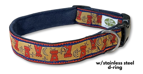 earthdog limited drop hemp collars & leashes - red and gold castles on blue hemp with stainless steel D-ring