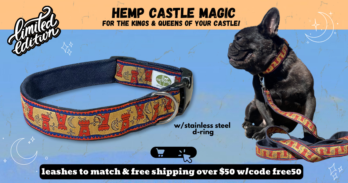 earthdog limited release magical castle pattern in hemp collars & leashes - on blue hemp background and stainless steel d-ring